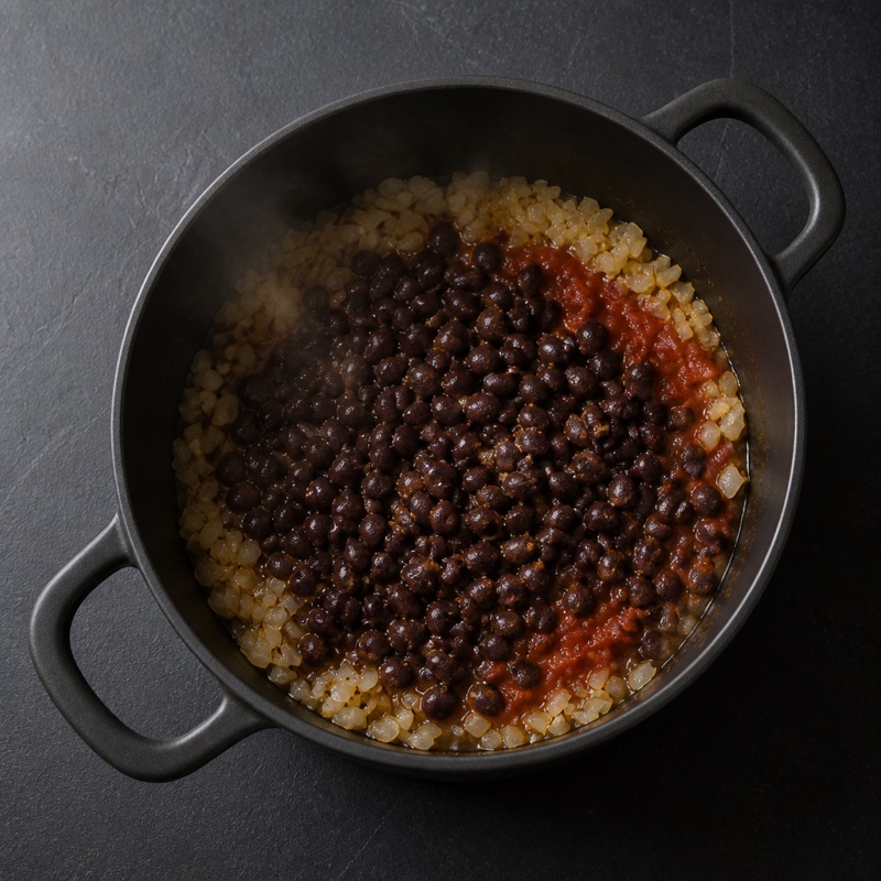 Step 2: Fry onions and garlic, add spices, beans and tomatoes.