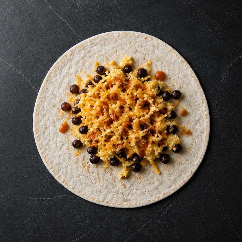 Step 2: Load the tortilla: eggs, beans, cheese, hot sauce.