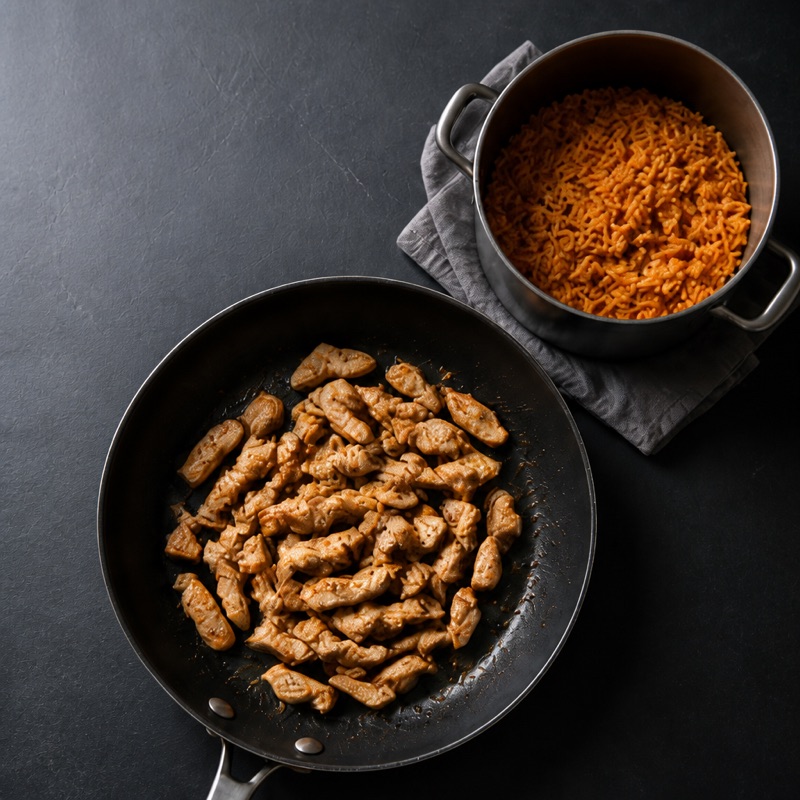 Step 1: Cook the rice; season and fry the chicken strips.