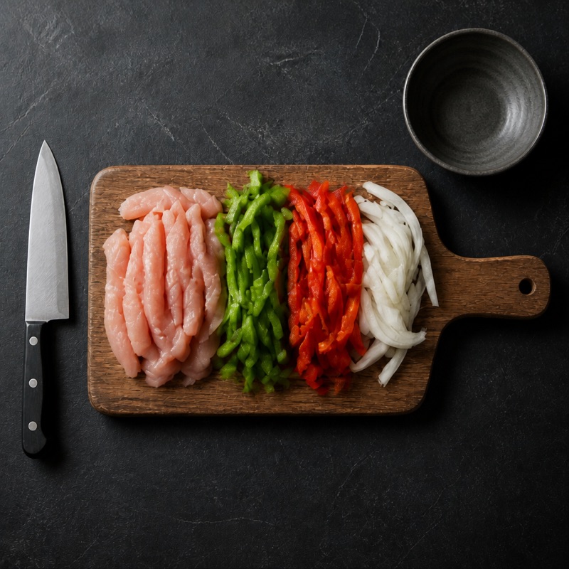 Step 1: Slice chicken, peppers and onion into strips.