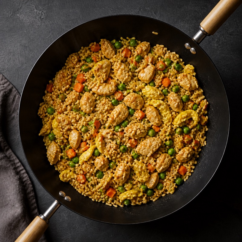 Step 3: Add rice, vegetables, garlic and soy sauce. Fry 4 minutes without stirring too much.