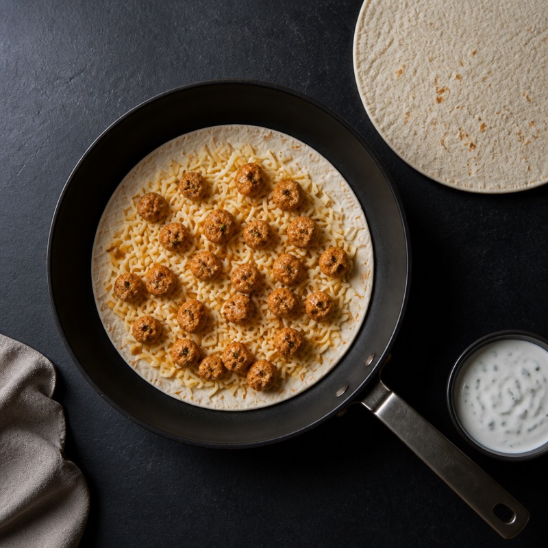 Step 2: Layer tortilla, cheese, chicken, cheese, tortilla in the pan.