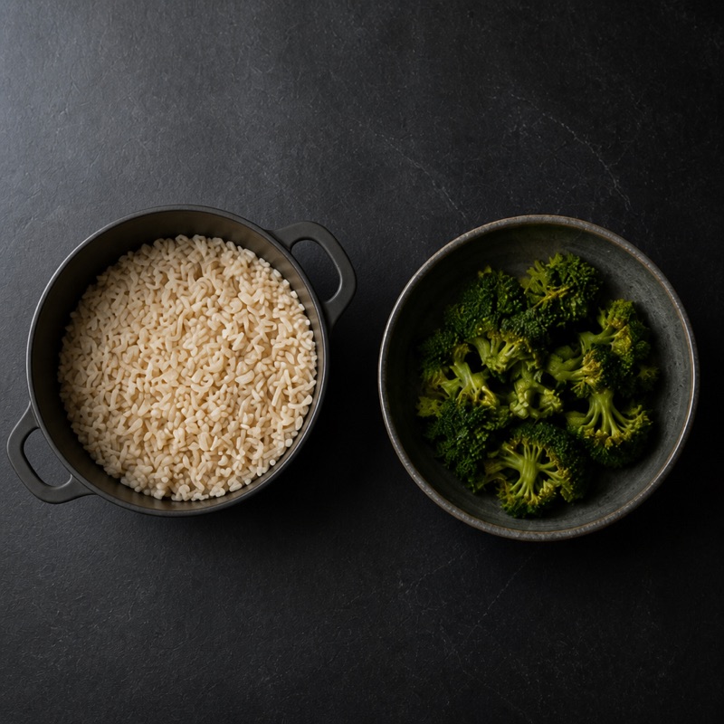 Step 2: Cook the rice, steam the broccoli.
