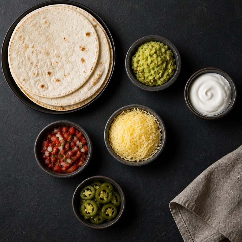 Step 3: Warm the tortillas. Put everything in the middle of the table.