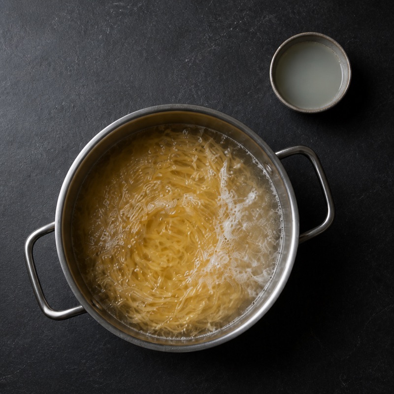 Step 1: Cook the pasta, keep a cup of the water.