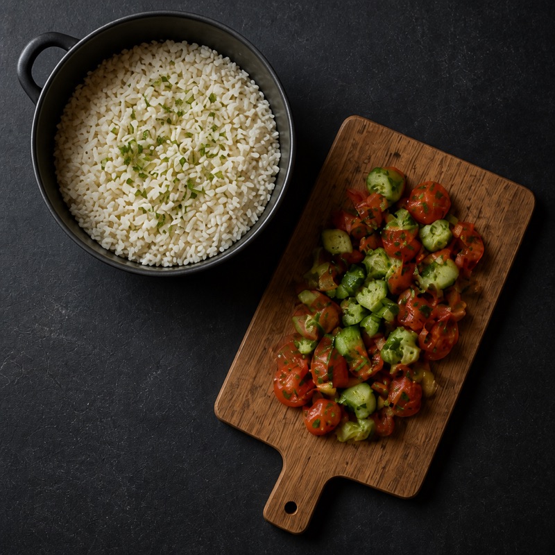 Step 3: Cook the rice, chop the salad.