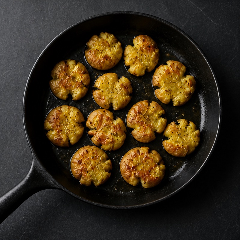Step 1: Microwave potatoes 8 minutes, smash them flat, crisp in oil.