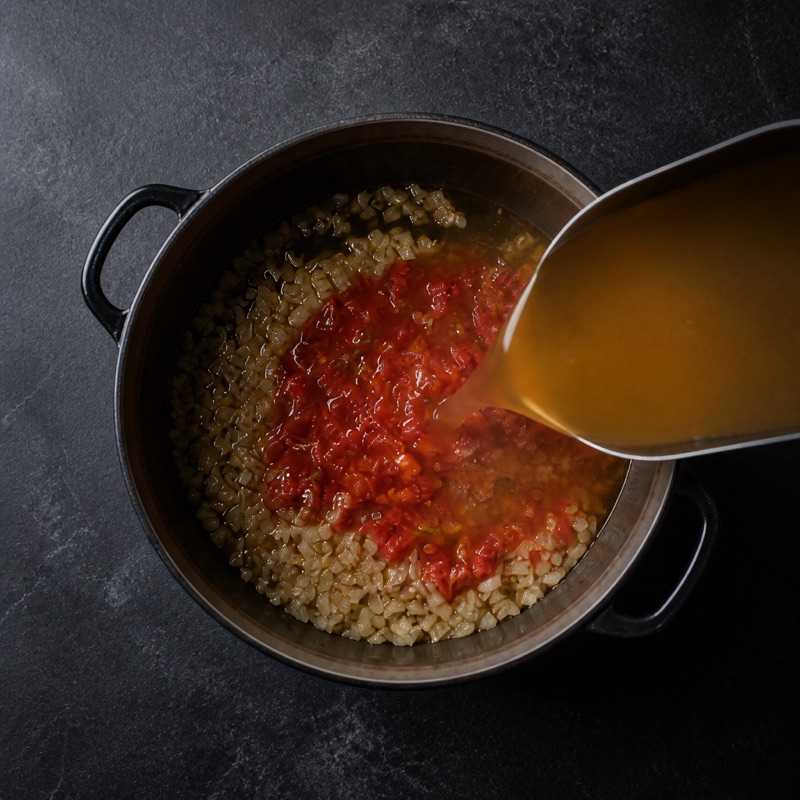 Step 1: Fry onion and garlic, add tomatoes, bouillon and 1.2 liters water.