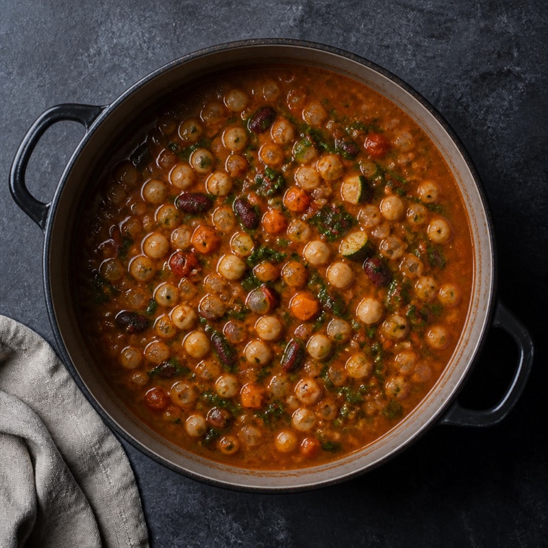 Step 2: Beans and vegetables in, simmer 15 minutes.