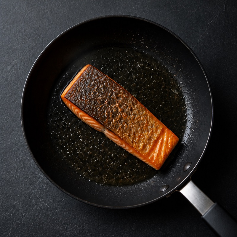 Step 2: Pan-fry the salmon skin-down 4 minutes, flip for 2.