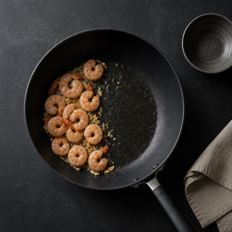 Step 1: Hot pan: shrimp and garlic, 3 minutes, push aside.