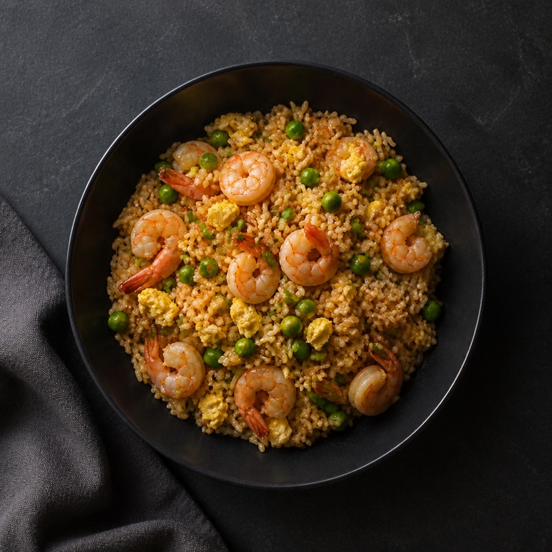 Step 3: Rice, peas and soy in — fry 4 minutes, stir little.