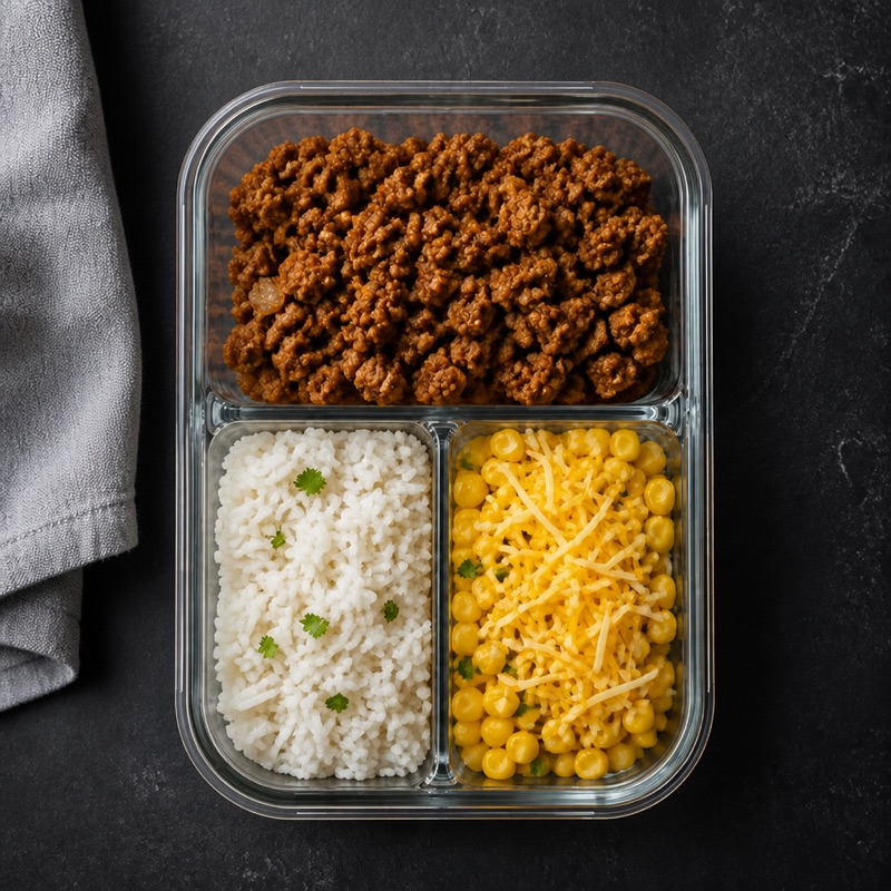 Step 2: Box it: rice, turkey, corn, cheese.