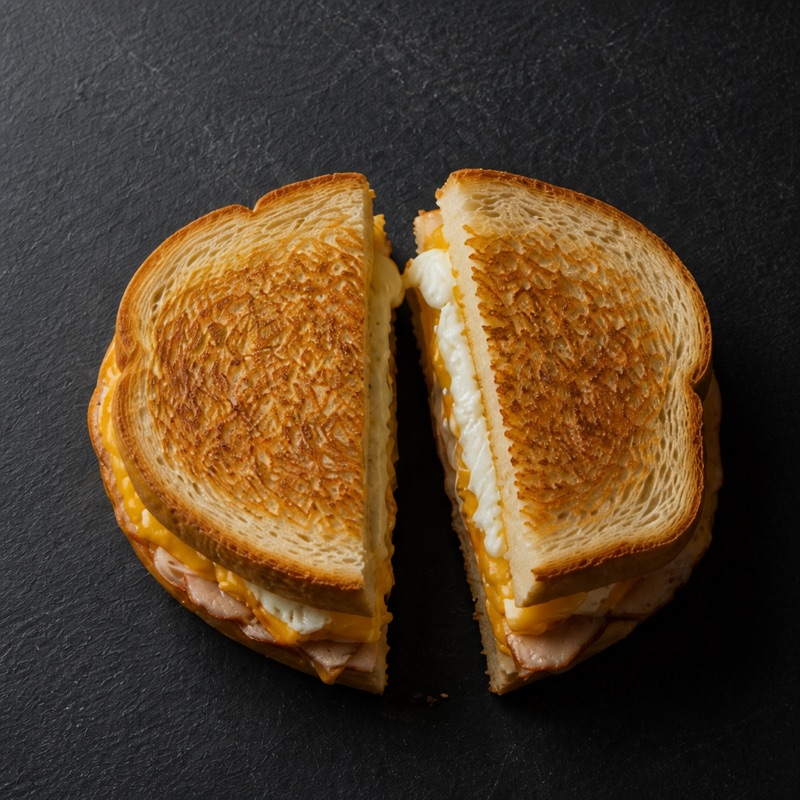 Step 3: Stack: mustard, turkey, eggs, cheese. Close it while hot.