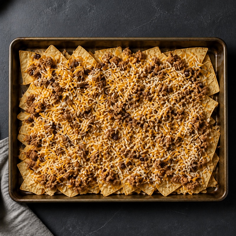 Step 2: Chips on a tray, turkey mix and cheese over them.